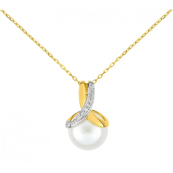 Collier or jaune 750 millièmes, perle de culture et diamants